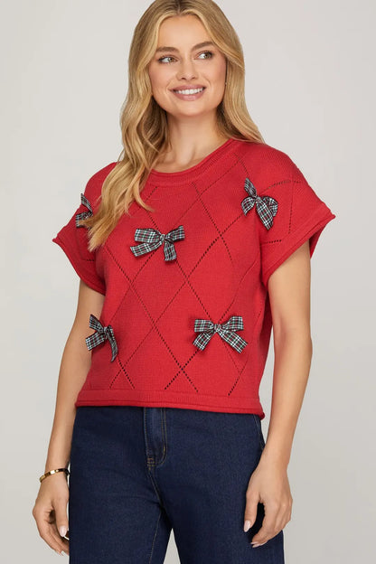 Checkered Bow Christmas Sweater