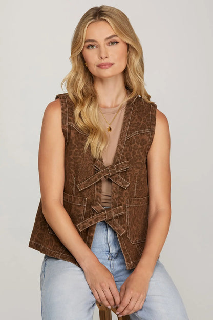 Washed Animal Print Tie Front Vest