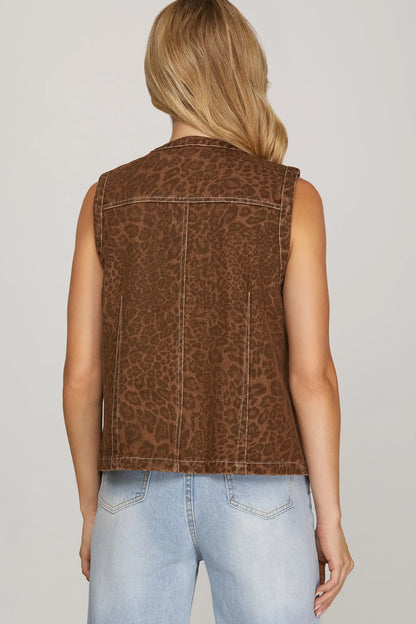 Washed Animal Print Tie Front Vest