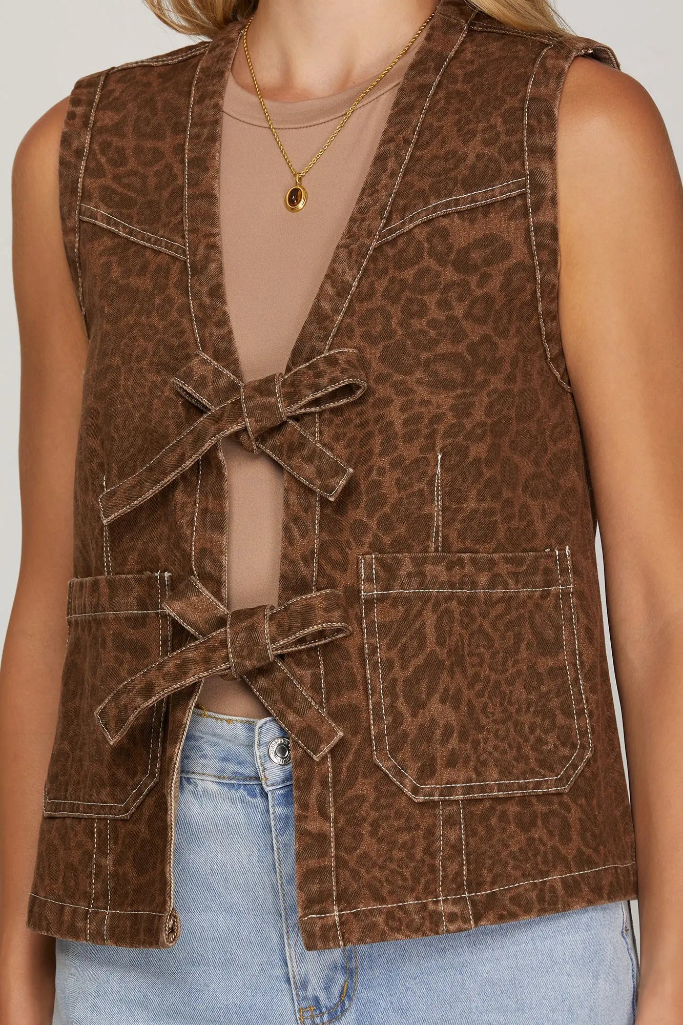 Washed Animal Print Tie Front Vest