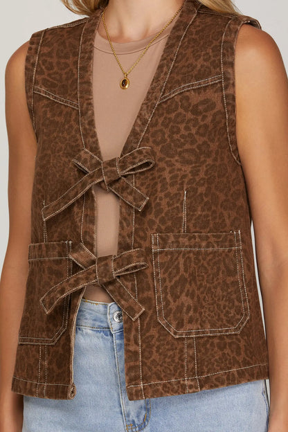 Washed Animal Print Tie Front Vest