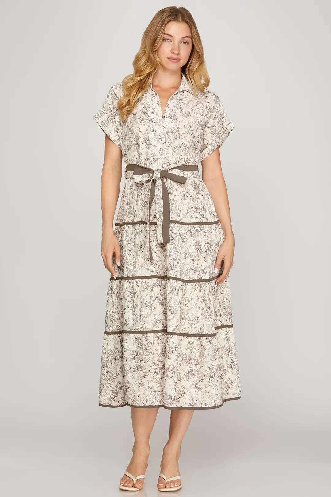 Drop Sleeve Woven Button Up Dress with Tied Waist
