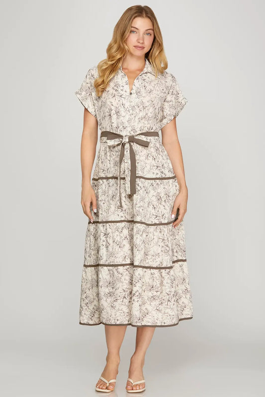 Drop Sleeve Woven Button Up Dress with Tied Waist