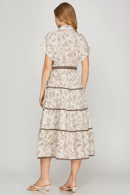 Drop Sleeve Woven Button Up Dress with Tied Waist