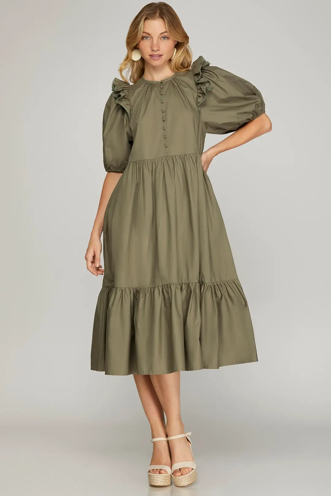 Ruffle Sleeve Tiered Midi Dress Olive