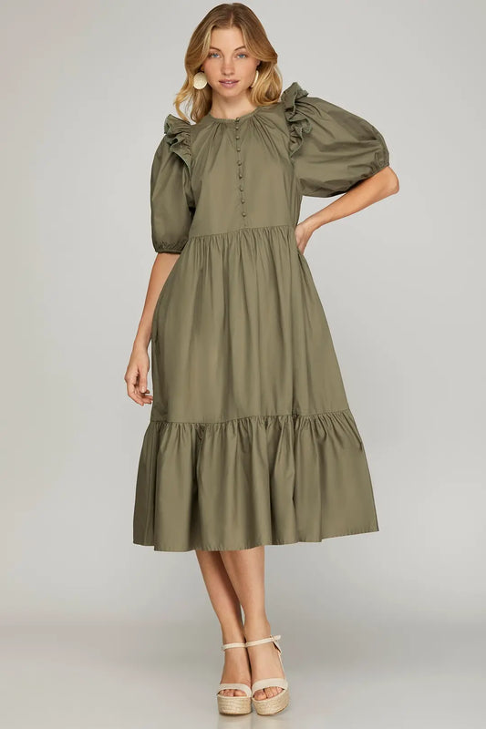 Ruffle Sleeve Tiered Midi Dress Olive