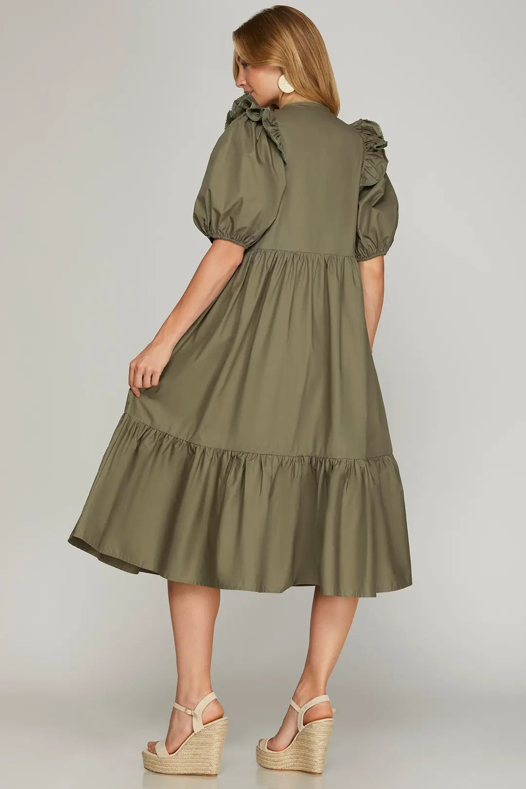 Ruffle Sleeve Tiered Midi Dress Olive