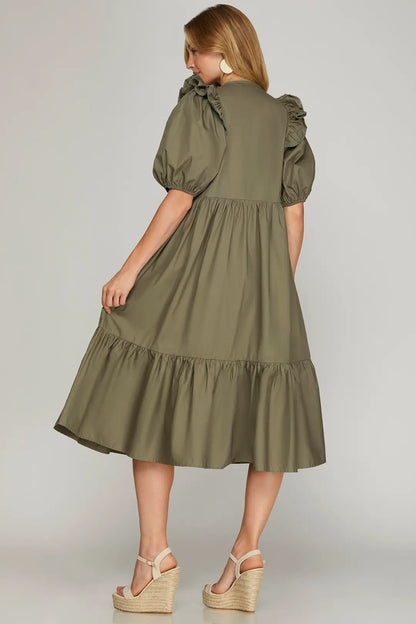 Ruffle Sleeve Tiered Midi Dress Olive