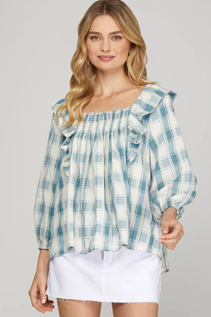 Plaid Ruffle Smocked Peasant Top
