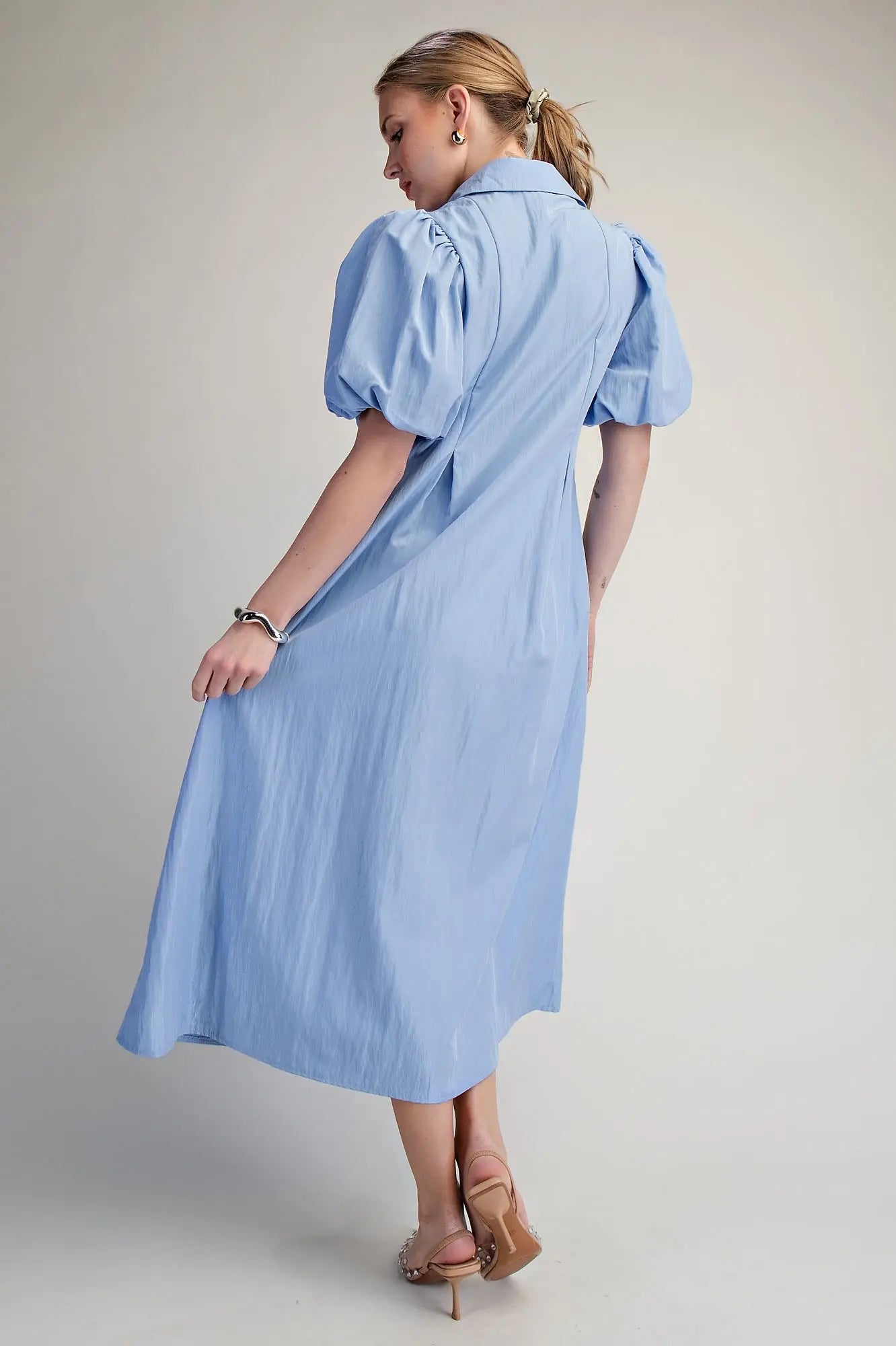 Collar V-Neck Puff Sleeve Pleated Midi Dress