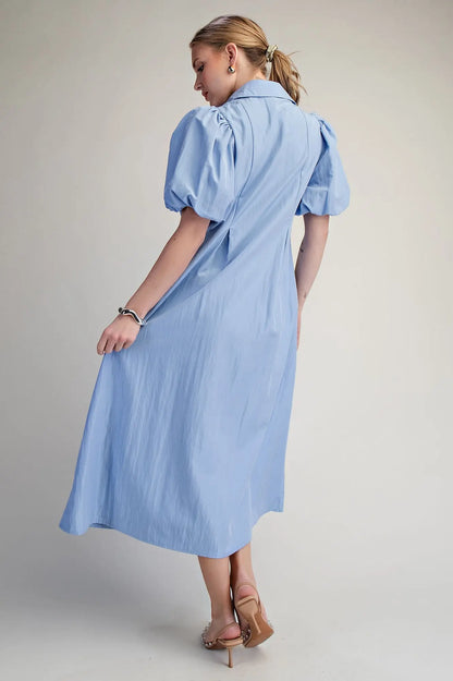 Collar V-Neck Puff Sleeve Pleated Midi Dress