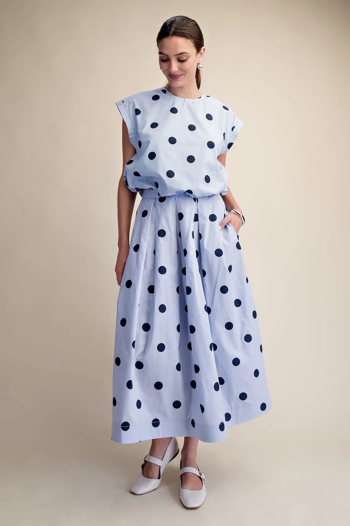 Blue Polka Dot Pleated Skirt