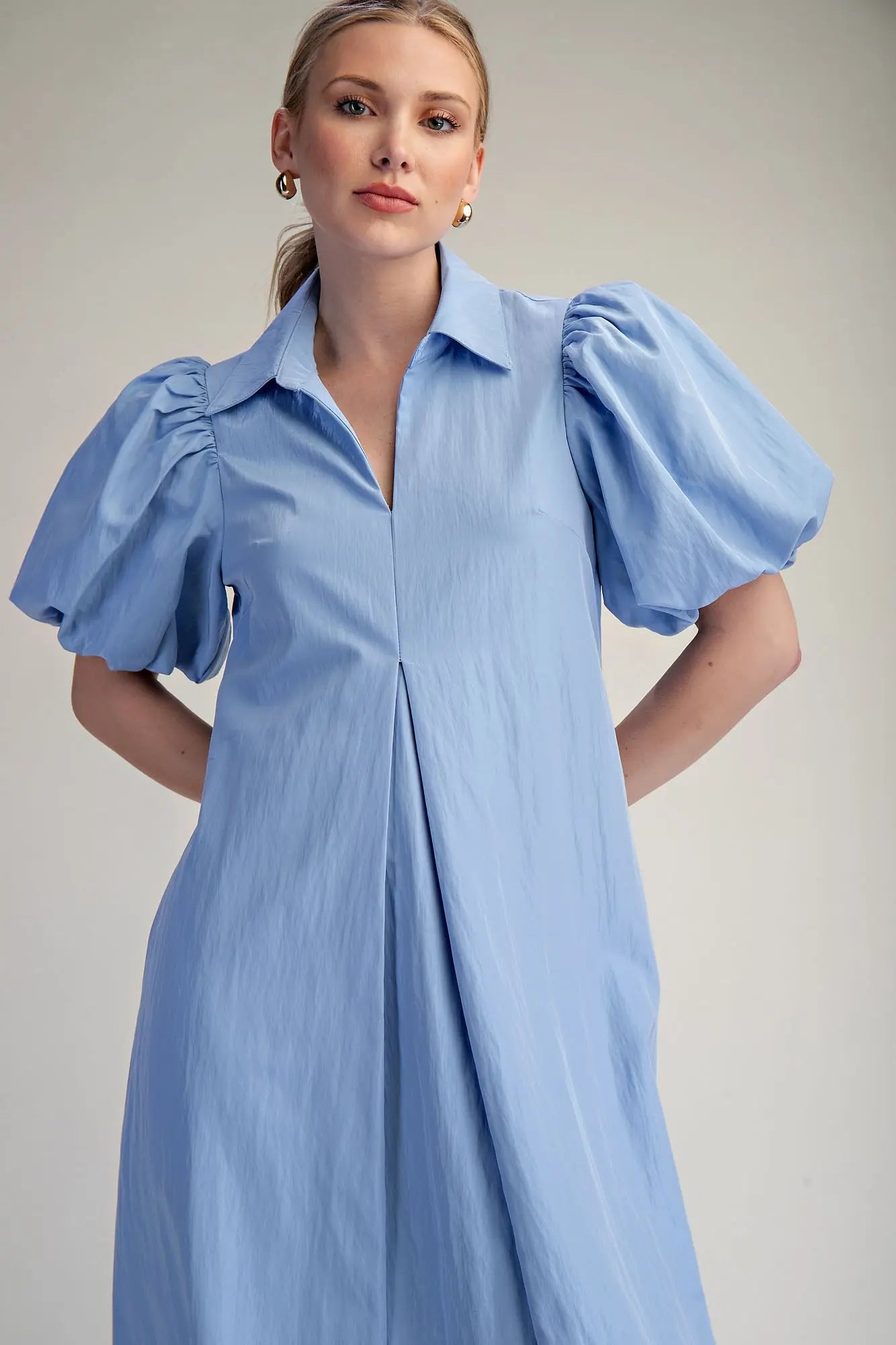 Collar V-Neck Puff Sleeve Pleated Midi Dress