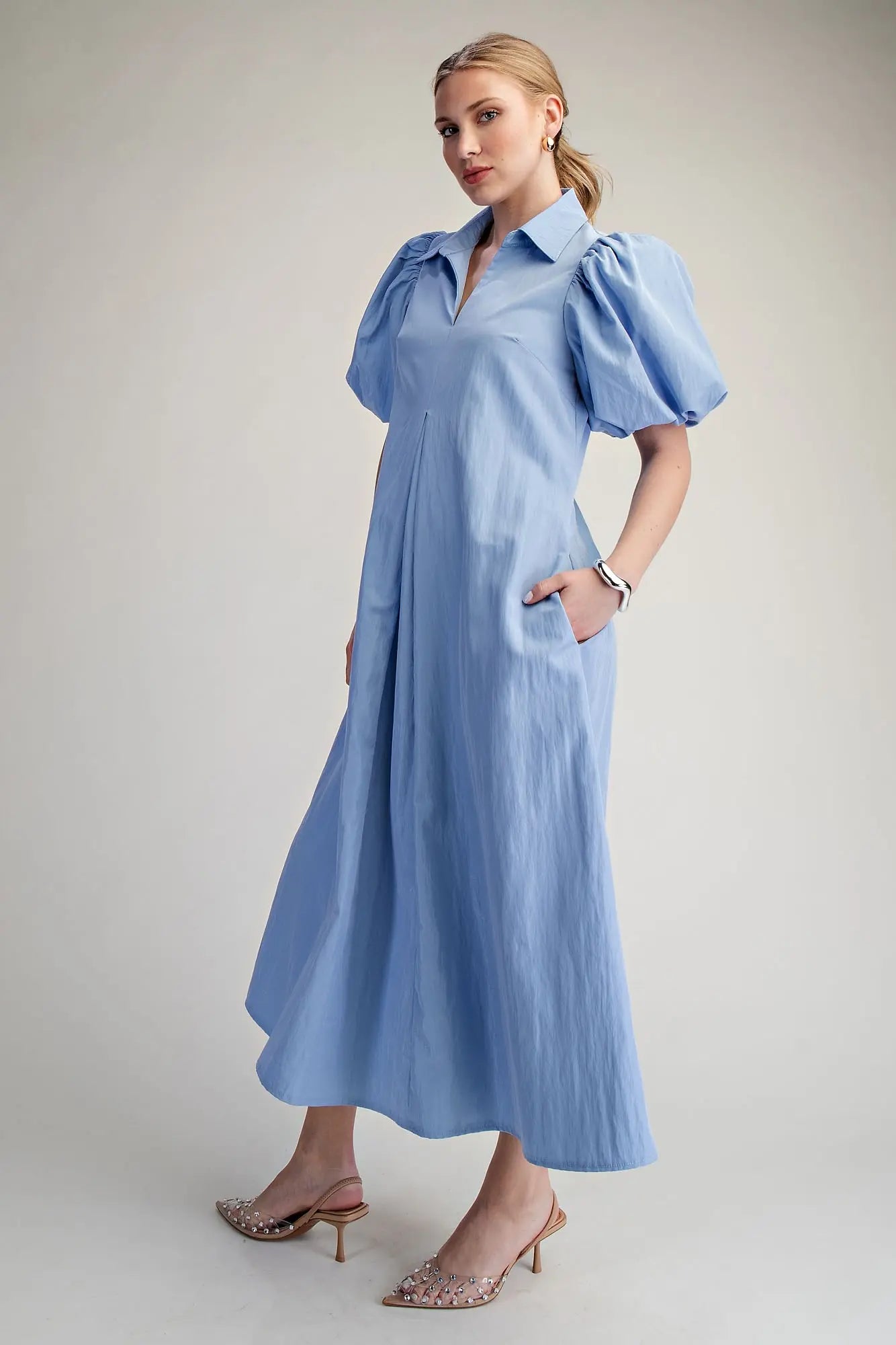 Collar V-Neck Puff Sleeve Pleated Midi Dress