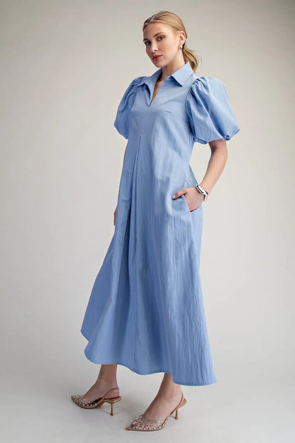 Collar V-Neck Puff Sleeve Pleated Midi Dress