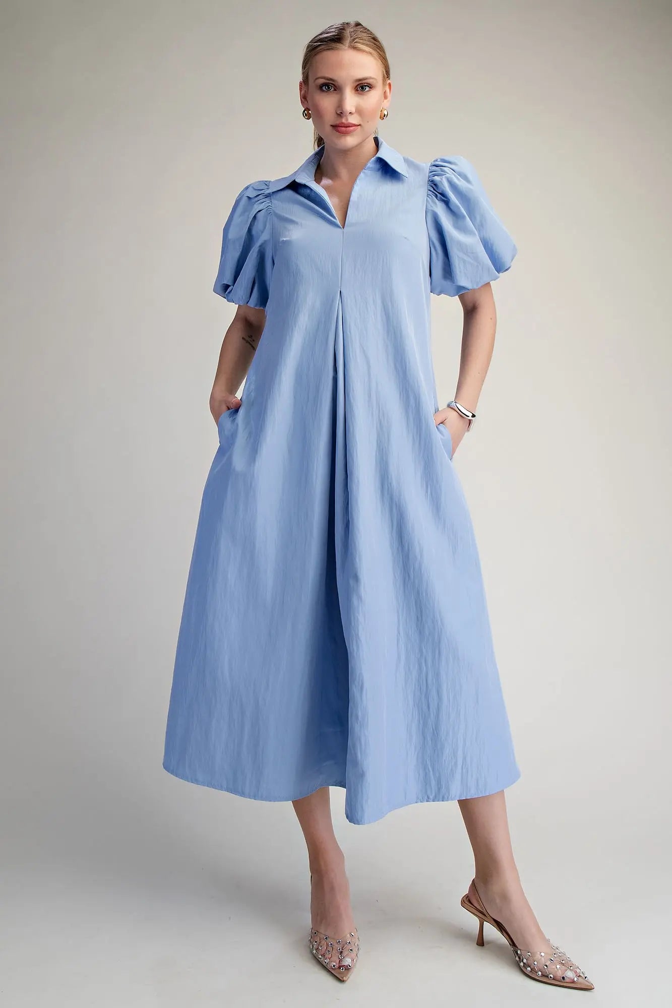 Collar V-Neck Puff Sleeve Pleated Midi Dress