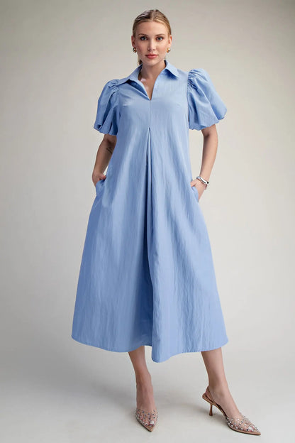 Collar V-Neck Puff Sleeve Pleated Midi Dress