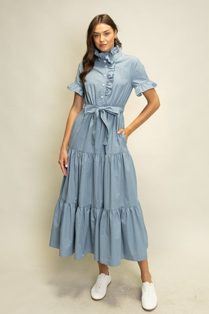 Tiered Ruffle Collar Shirt Dress