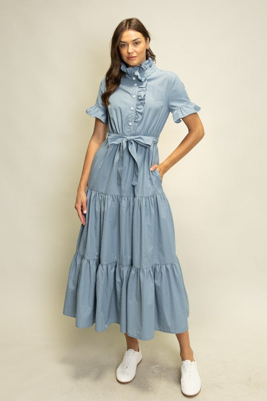 Tiered Ruffle Collar Shirt Dress