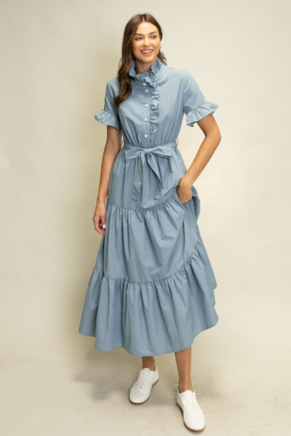 Tiered Ruffle Collar Shirt Dress
