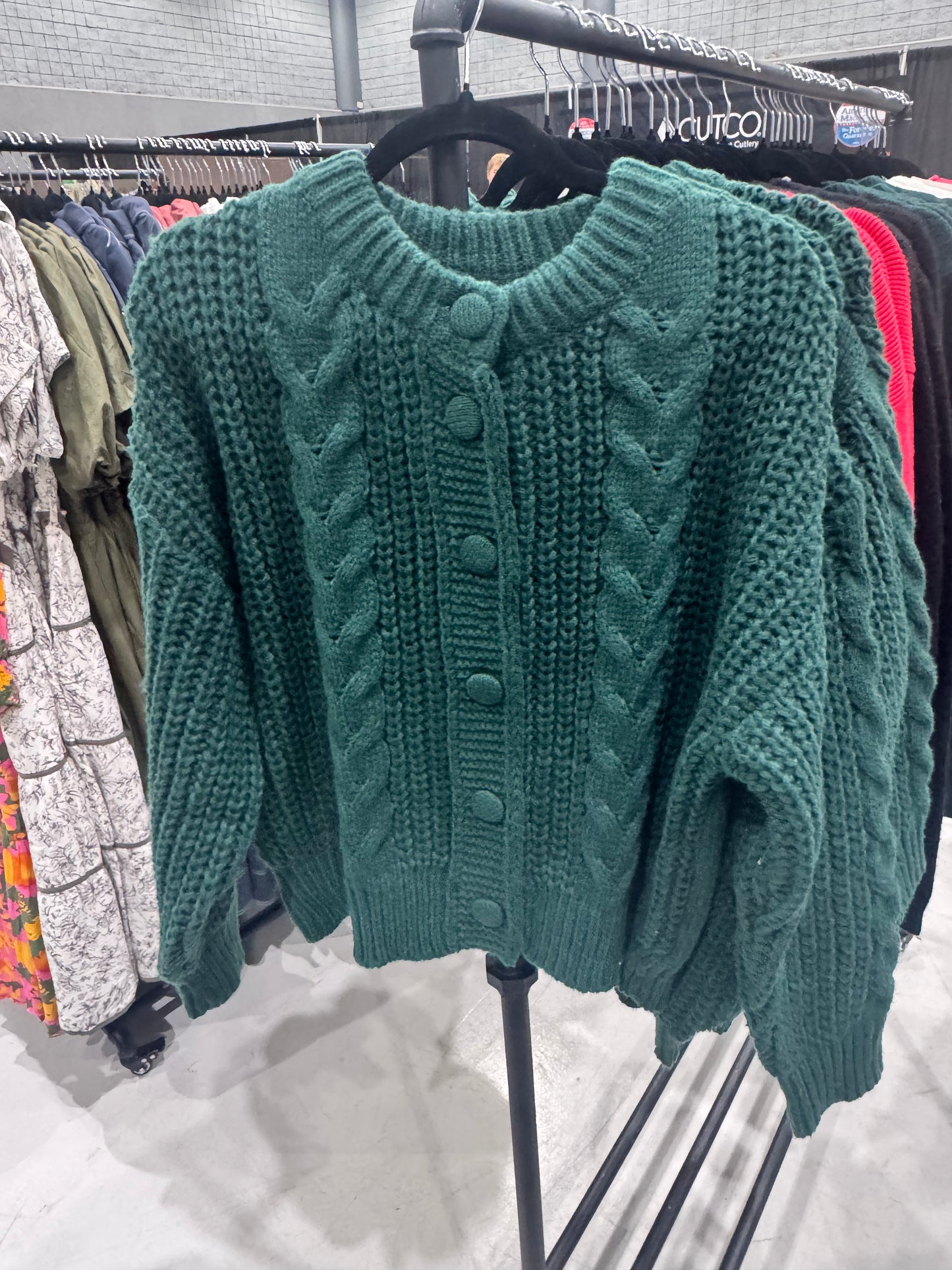 Green button up sweater