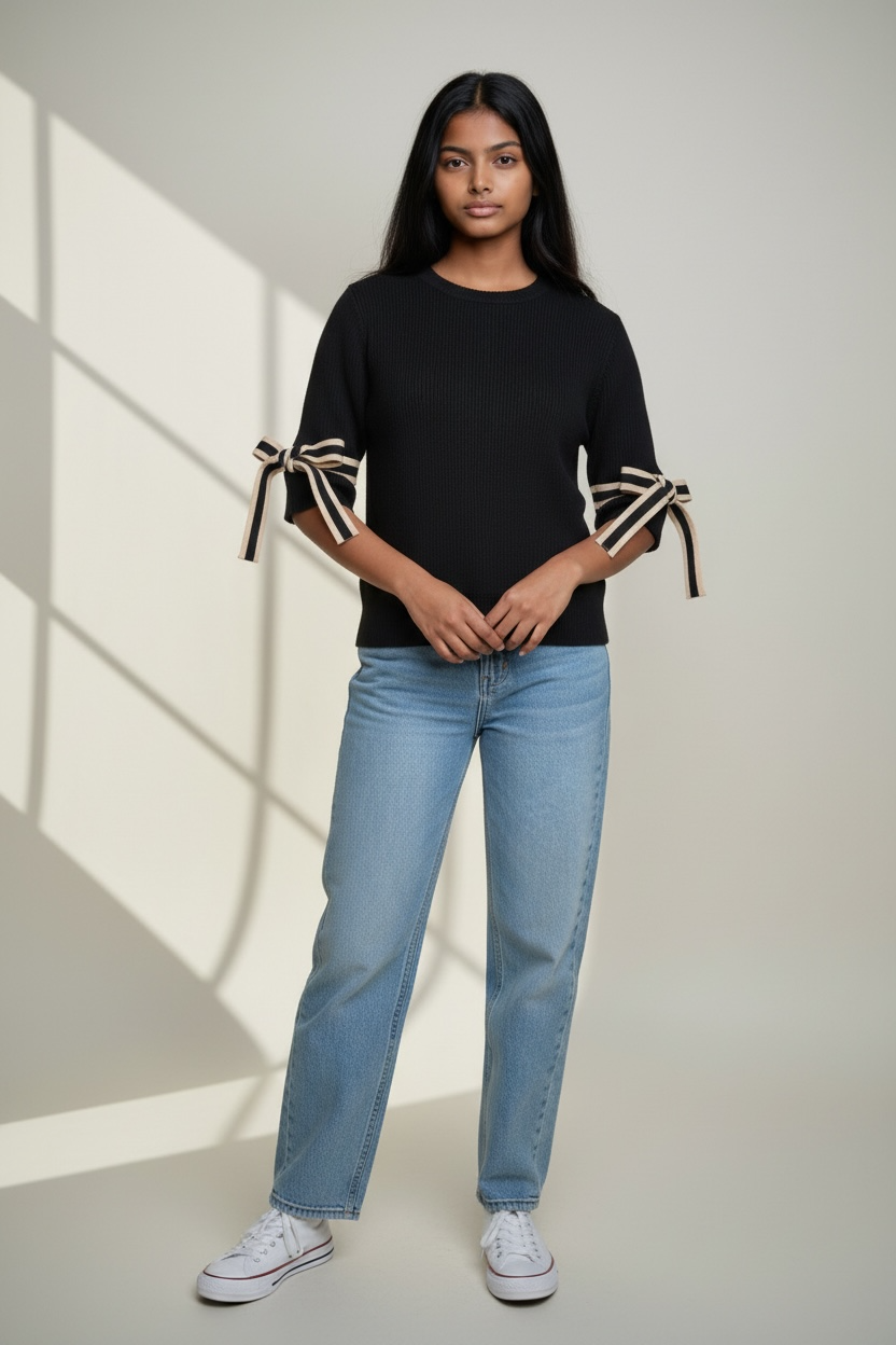 Black bow tied short sleeve sweater