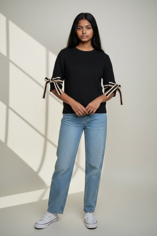 Black bow tied short sleeve sweater