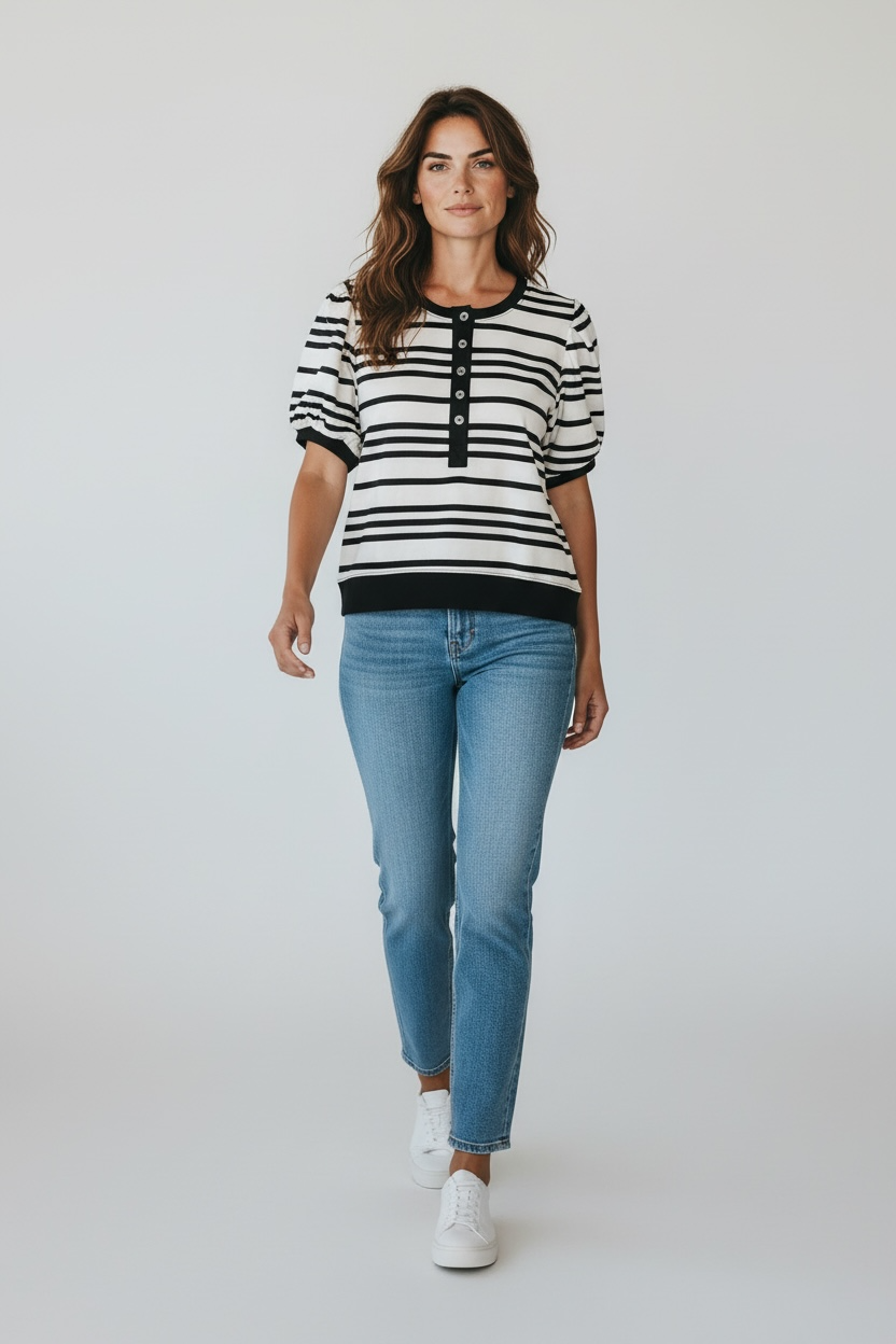 Black/White Striped Short Puff Sleeve Sweater