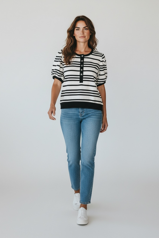 Black/White Striped Short Puff Sleeve Sweater