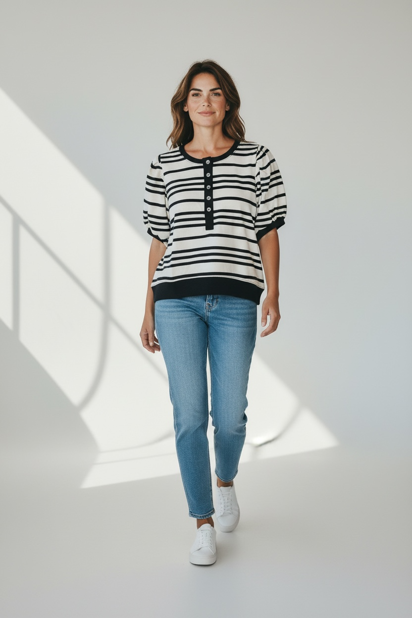 Black/White Striped Short Puff Sleeve Sweater