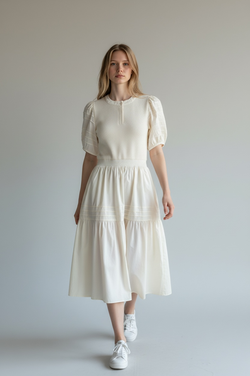 Ecru Pintuck Cotton Mixed Media Dress