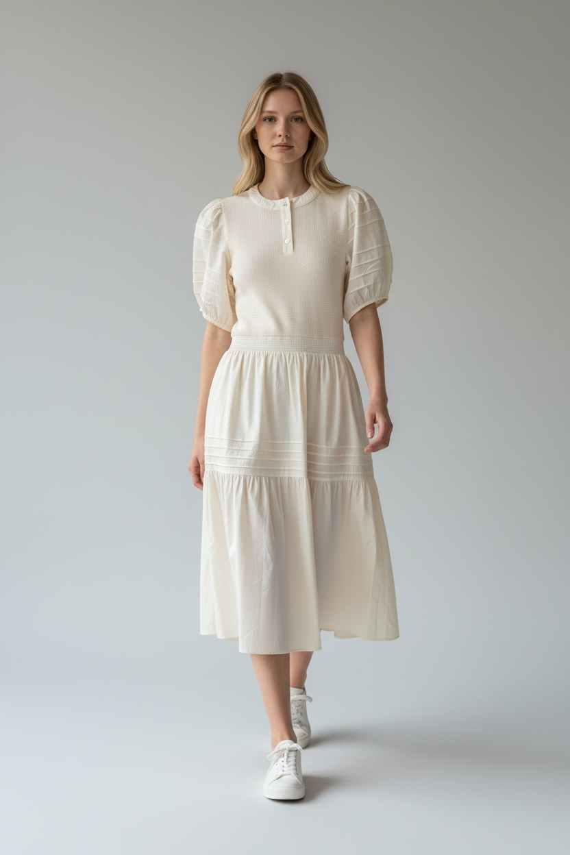 Ecru Pintuck Cotton Mixed Media Dress