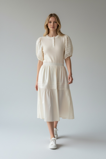 Ecru Pintuck Cotton Mixed Media Dress