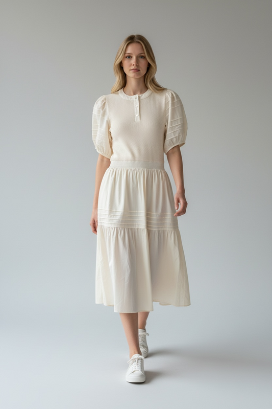 Ecru Pintuck Cotton Mixed Media Dress