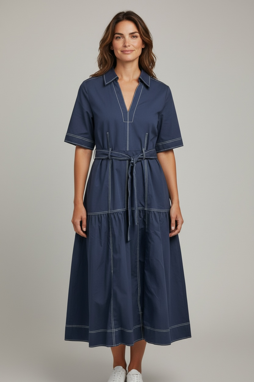 Navy/White Top Stitch Poplin Dress