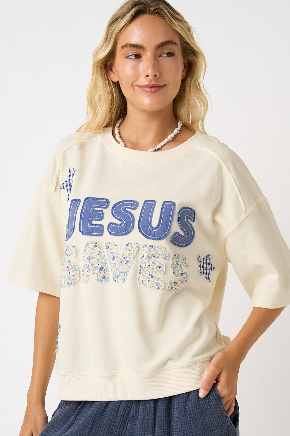 Jesus Saves Patchwork Short Sleeve Top