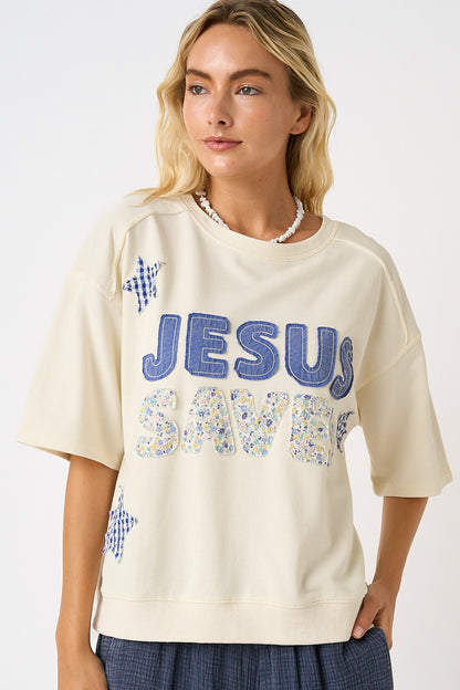 Jesus Saves Patchwork Short Sleeve Top