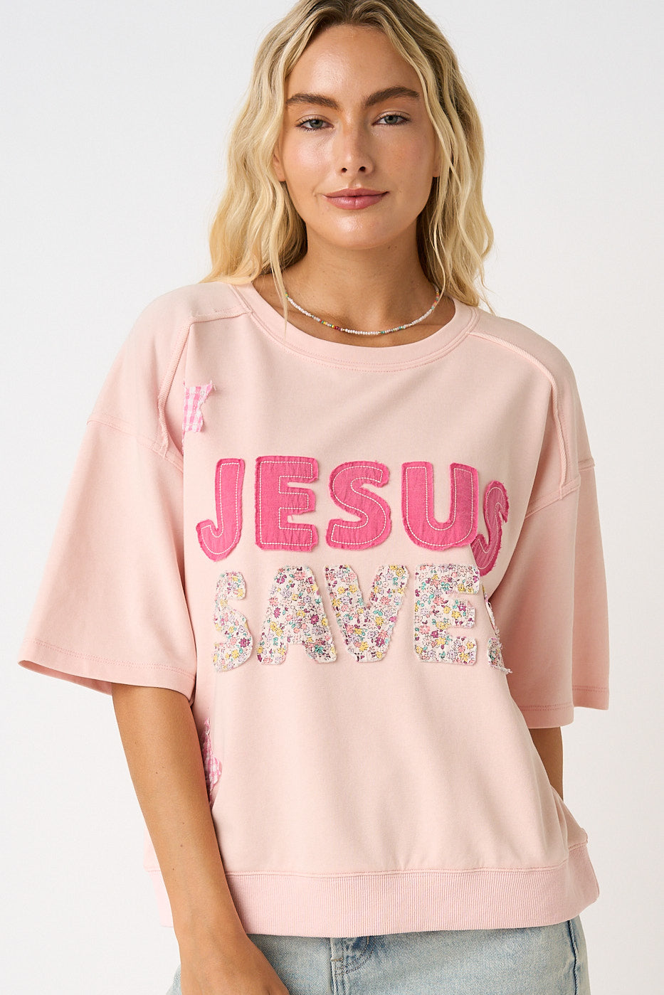 Jesus Saves Patchwork Short Sleeve Top (Icy Pink)