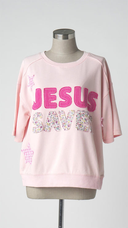 Jesus Saves Patchwork Short Sleeve Top (Icy Pink)