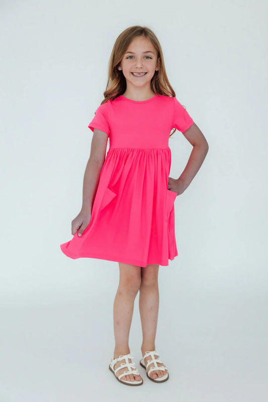 Neon Pink Mila and Rose Pocket Twirl Dress