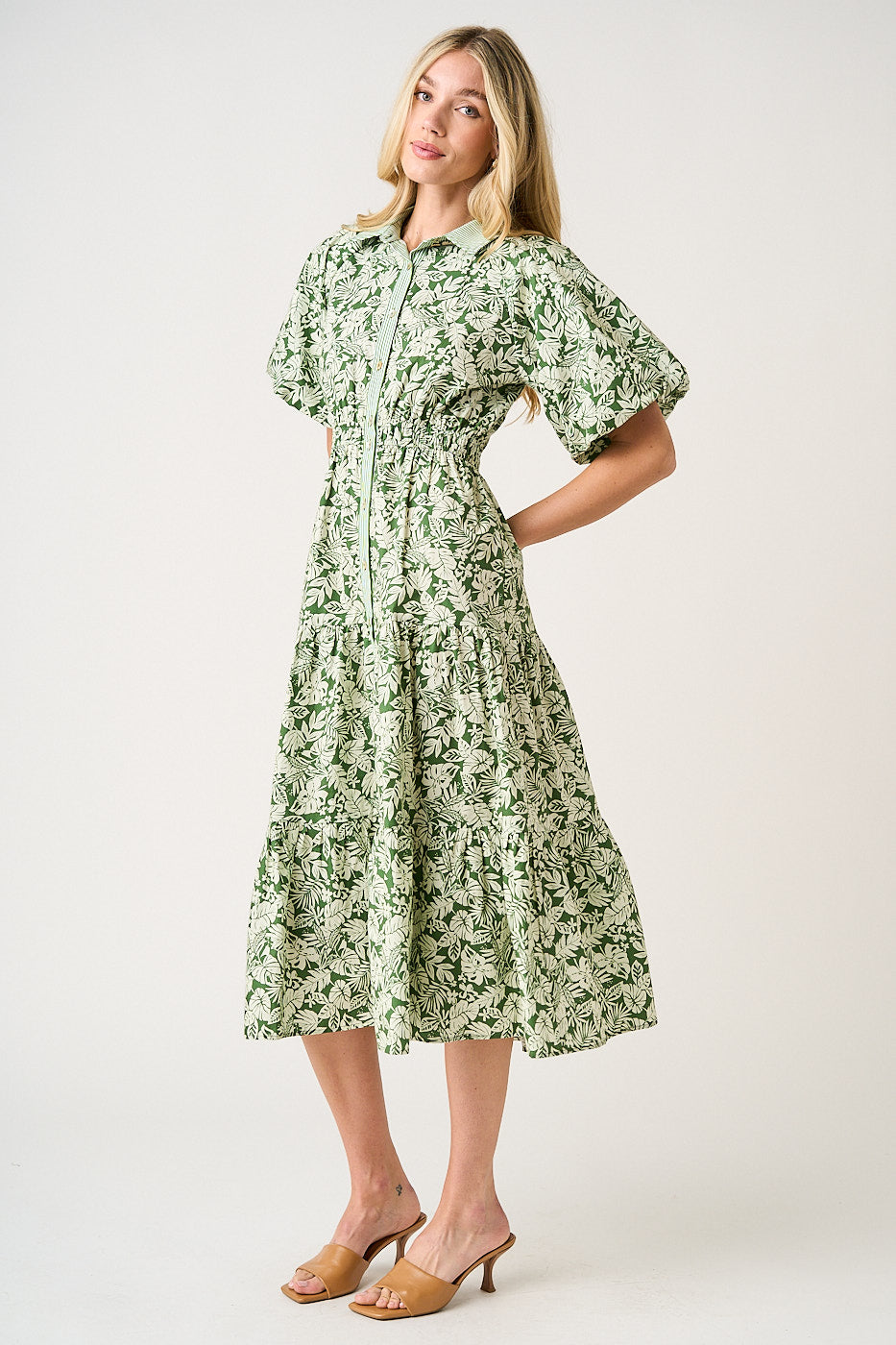 Tea Green Leaf Print Bubble Sleeve Dress