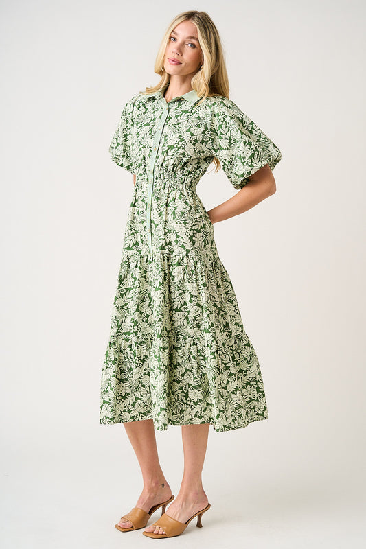 Tea Green Leaf Print Bubble Sleeve Dress