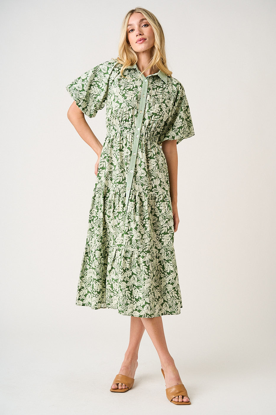 Tea Green Leaf Print Bubble Sleeve Dress