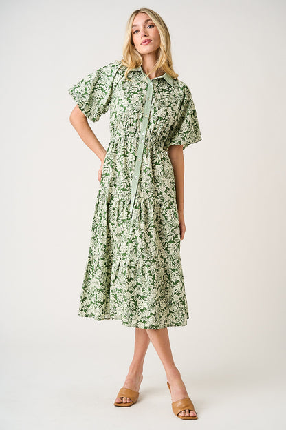 Tea Green Leaf Print Bubble Sleeve Dress