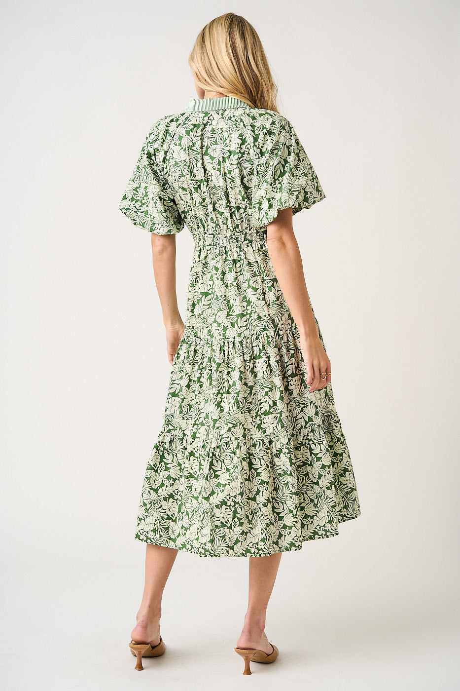 Tea Green Leaf Print Bubble Sleeve Dress