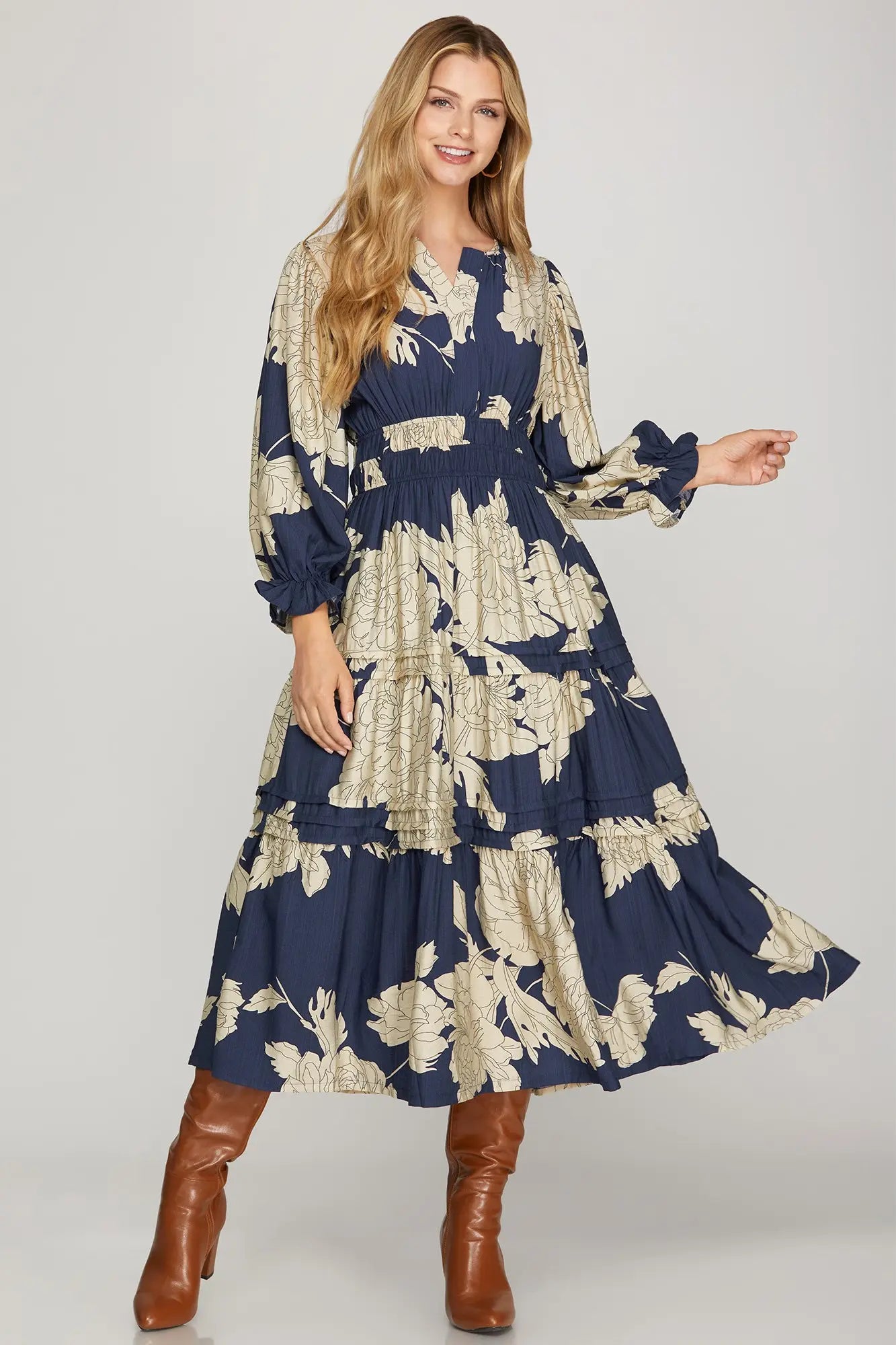 3/4 Sleeve Pintuck Tiered Floral Print Midi Dress