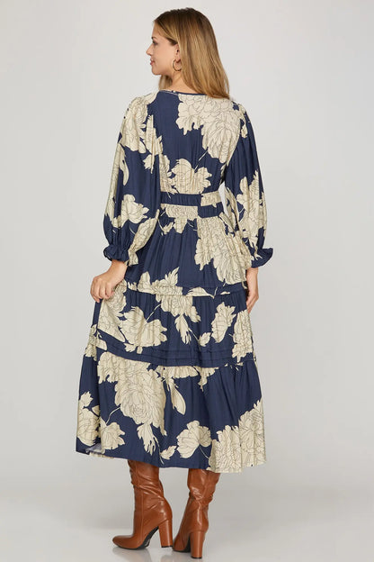 3/4 Sleeve Pintuck Tiered Floral Print Midi Dress