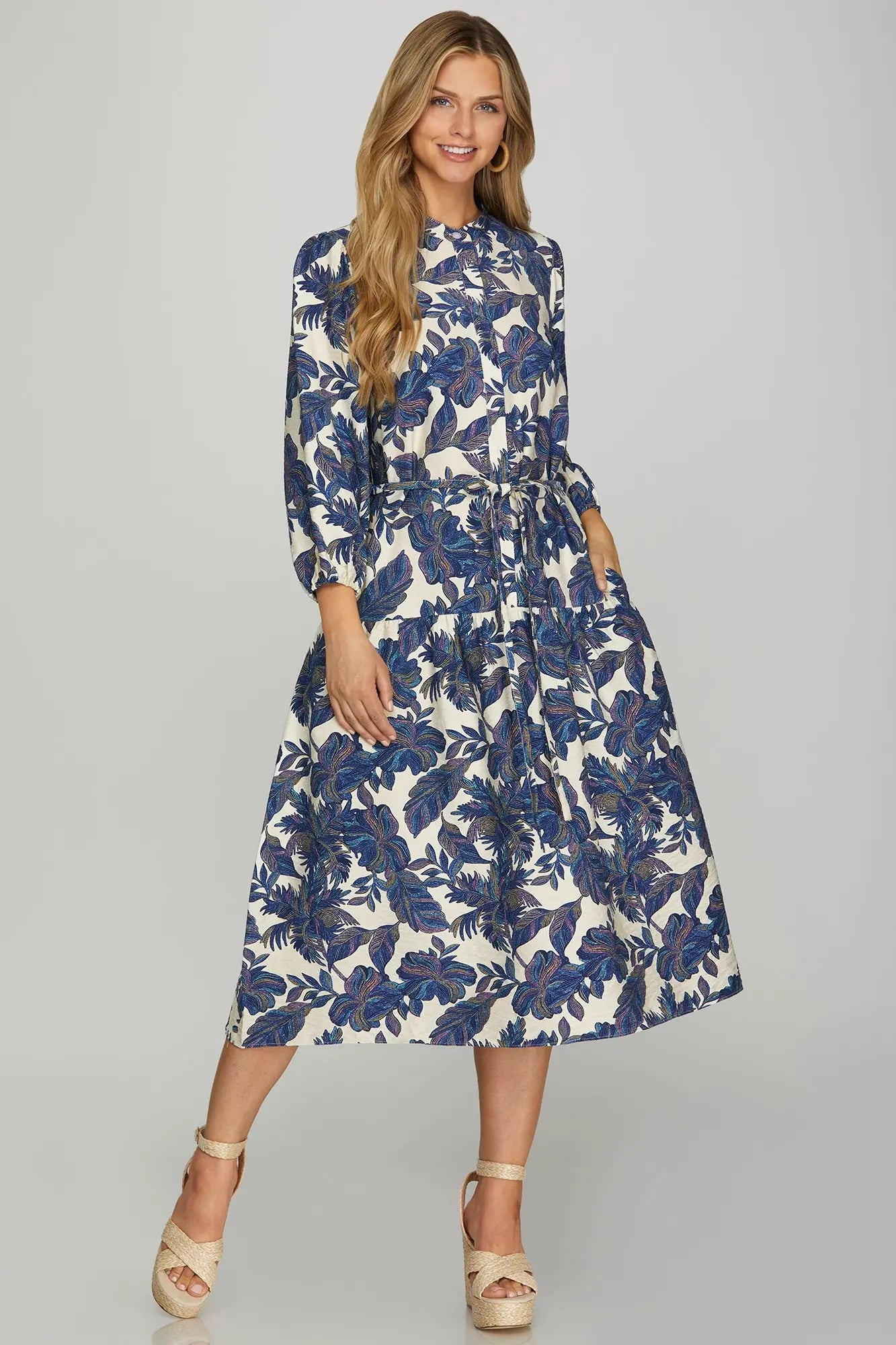 3/4 Sleeve Woven Print Midi Dress with Pockets