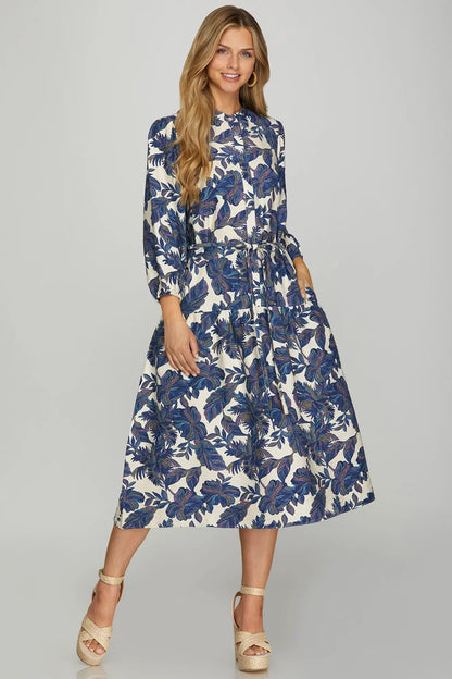 3/4 Sleeve Woven Print Midi Dress with Pockets