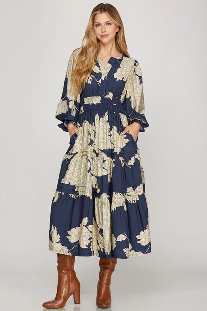 3/4 Sleeve Pintuck Tiered Floral Print Midi Dress